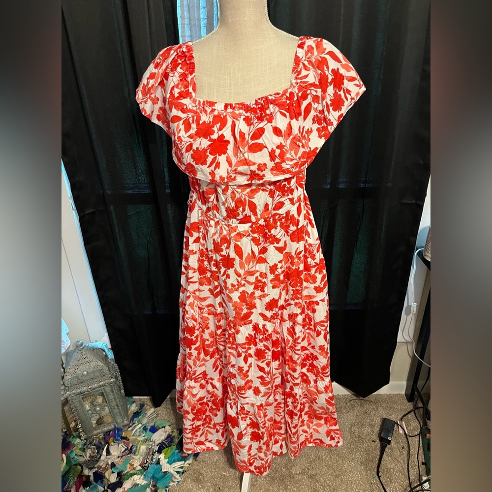 Lane Bryant Red and White Puff Sleeve Maxi Sundress